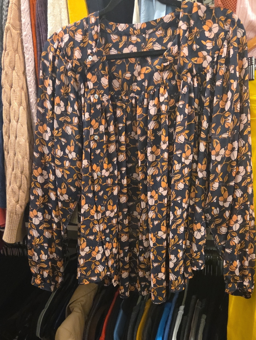 Navy Floral Women's Blouse with Pink and Orange Flower Print
